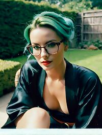 Petite 45 year old woman with slicked hair poses in a lush garden afternoons