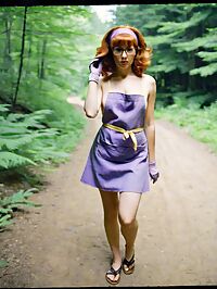 Woman with purple apron and ginger hair hikes solo through dark woods at noon